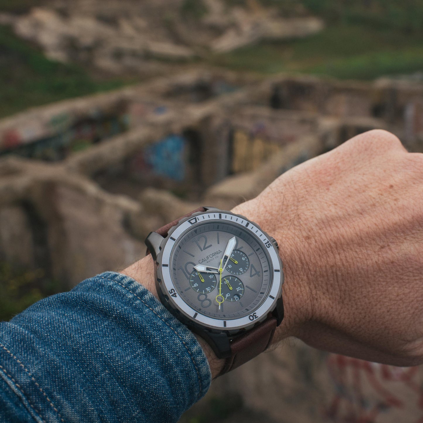 California Watch Co. Mavericks Chrono Leather Gunmetal Brown wrist