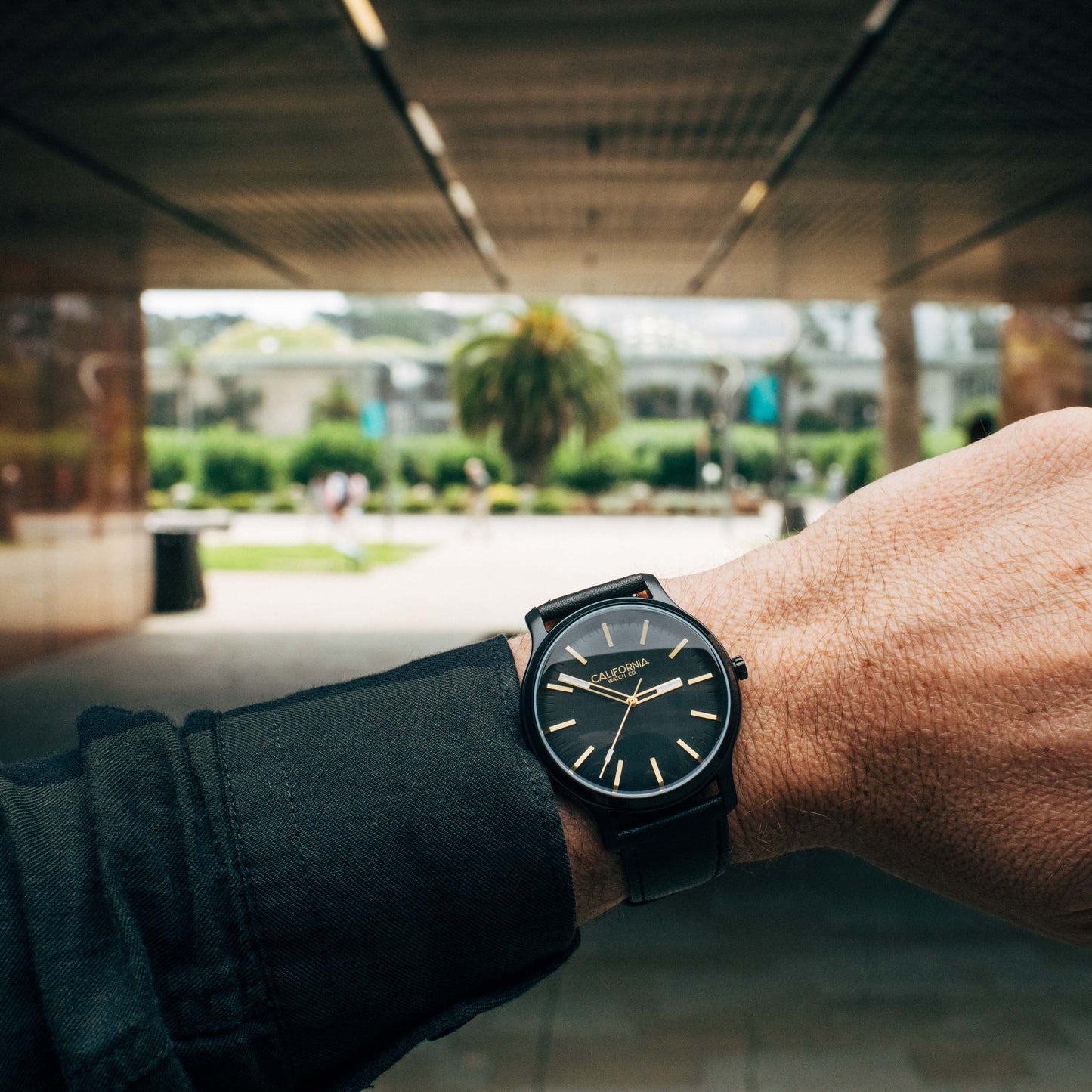 California Watch Co. Laguna 40 Leather All Black Gold wrist
