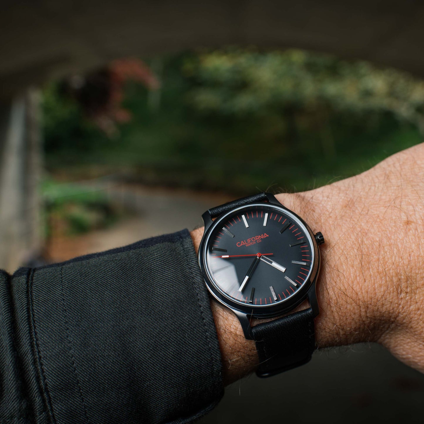 California Watch Co. Laguna 40 Leather Gunmetal Red wrist