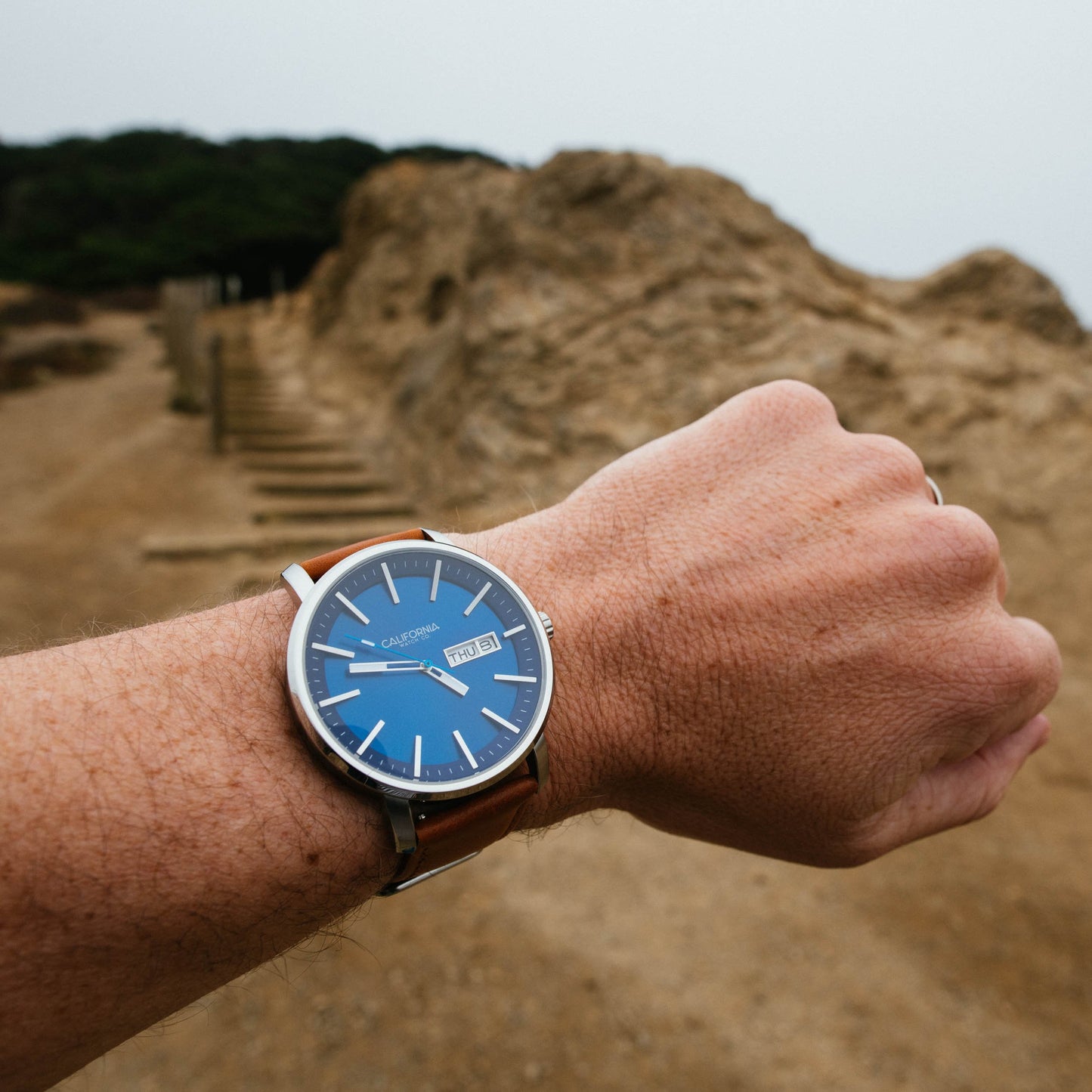 California Watch Co. Mojave Leather Brown Navy wrist