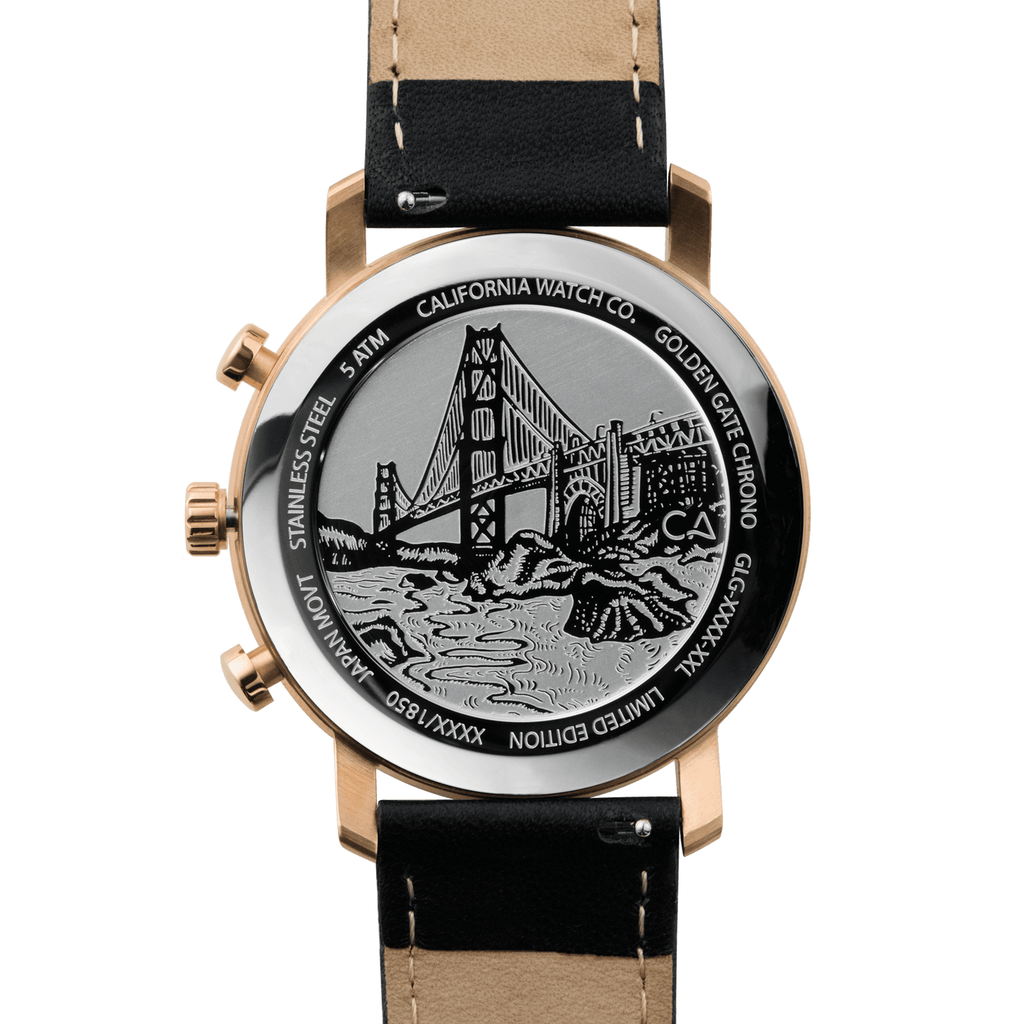 California Watch Co. Golden Gate Chrono Leather Rose Gold Black caseback