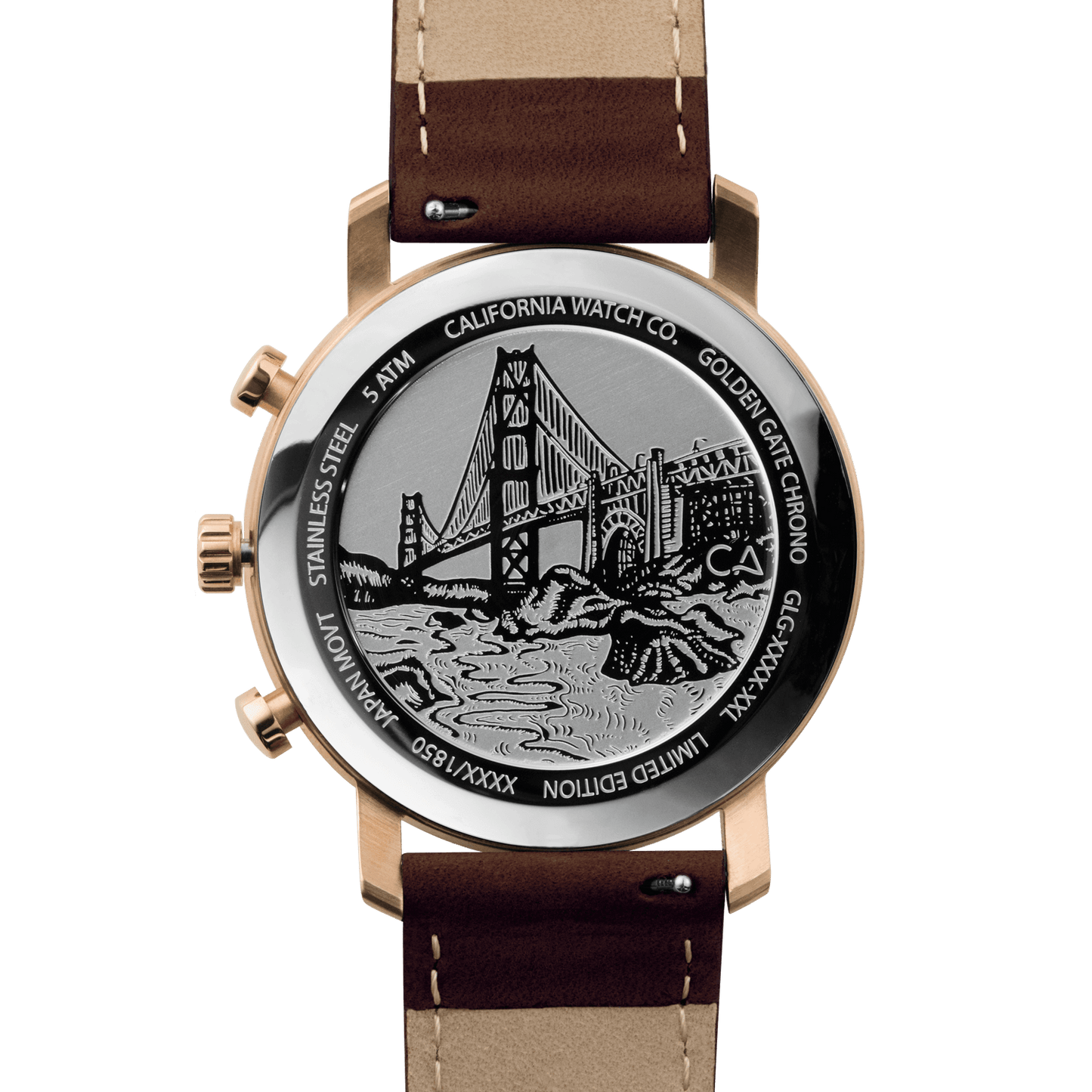 California Watch Co. Golden Gate Chrono Leather Rose Gold White caseback