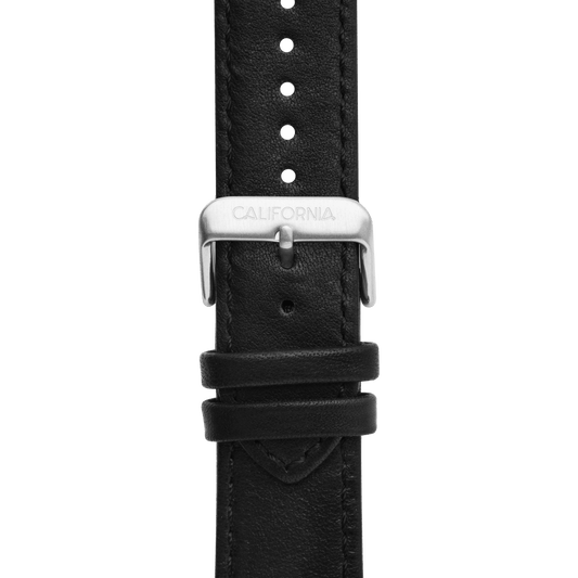 22mm Leather Black Silver Strap buckled front