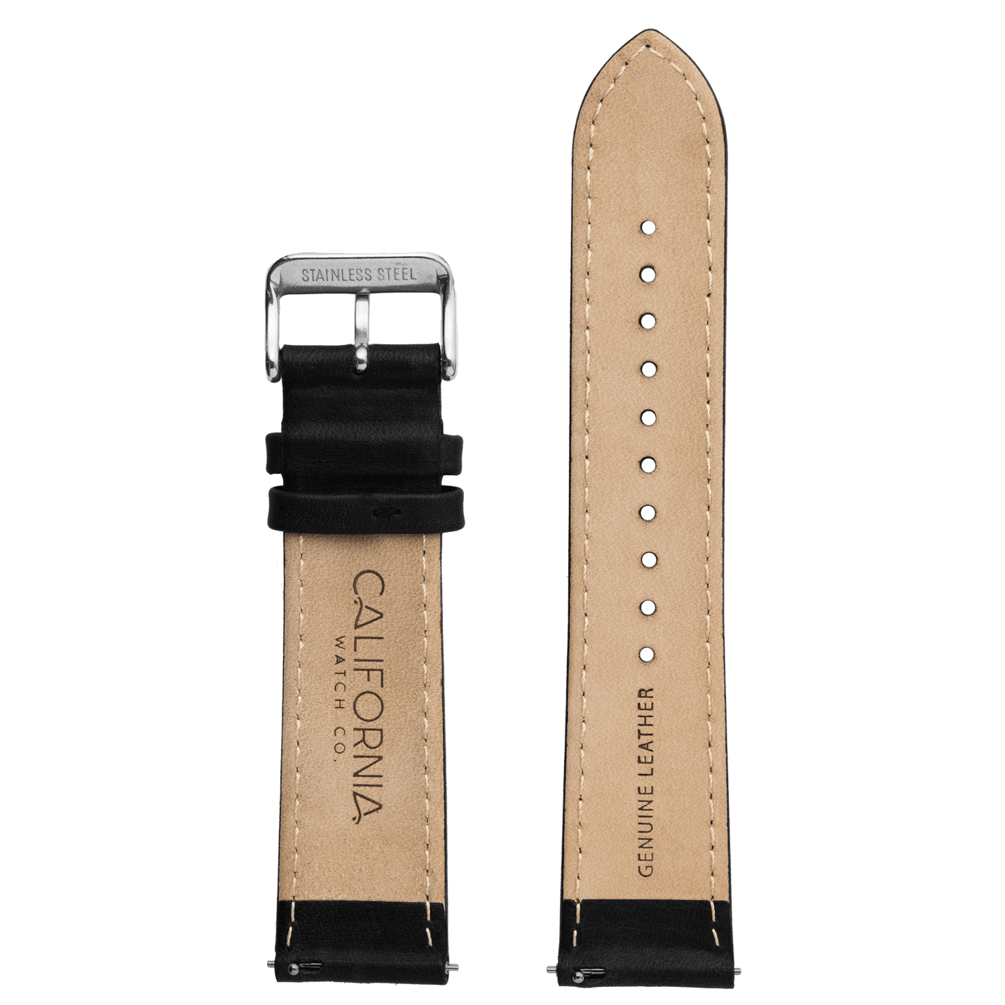 22mm Leather Black Silver Strap unbuckled back