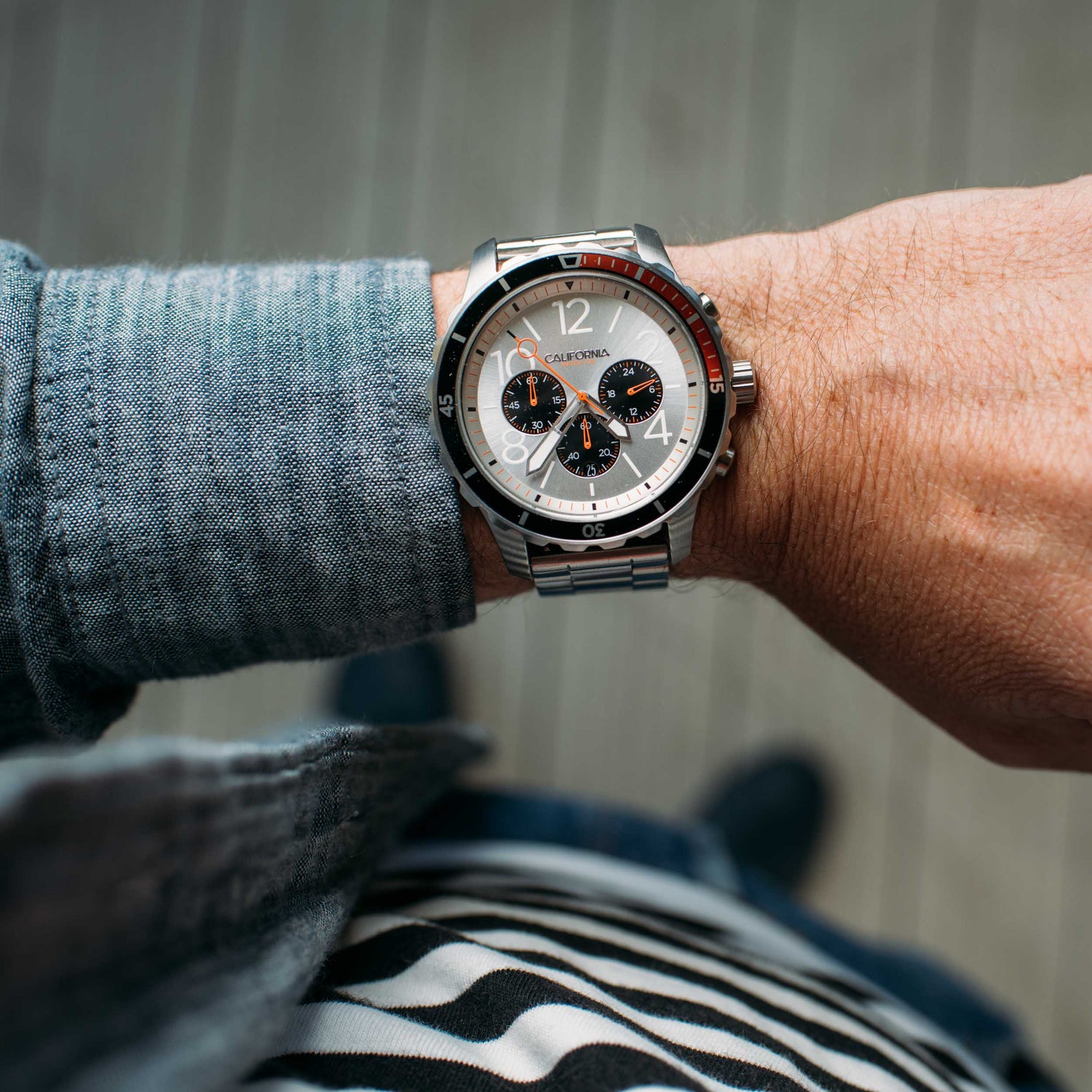 California Watch Co. Mavericks Chrono SS Silver Orange wrist
