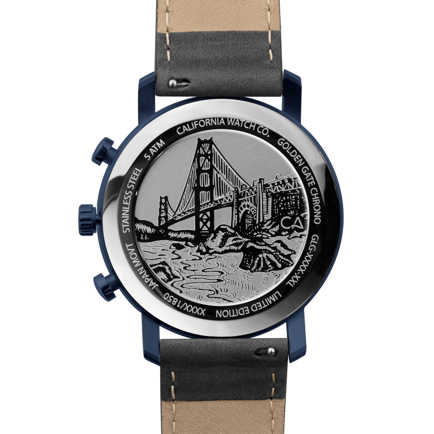 California Watch Co. Golden Gate Chrono Leather Deep Blue Gray caseback