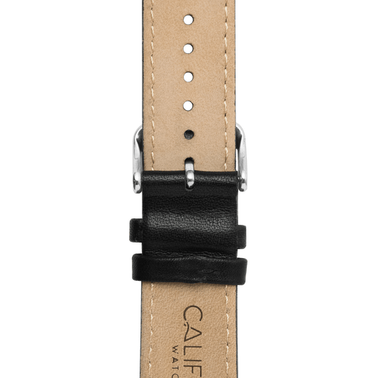 22mm Leather Black Silver Strap buckled back